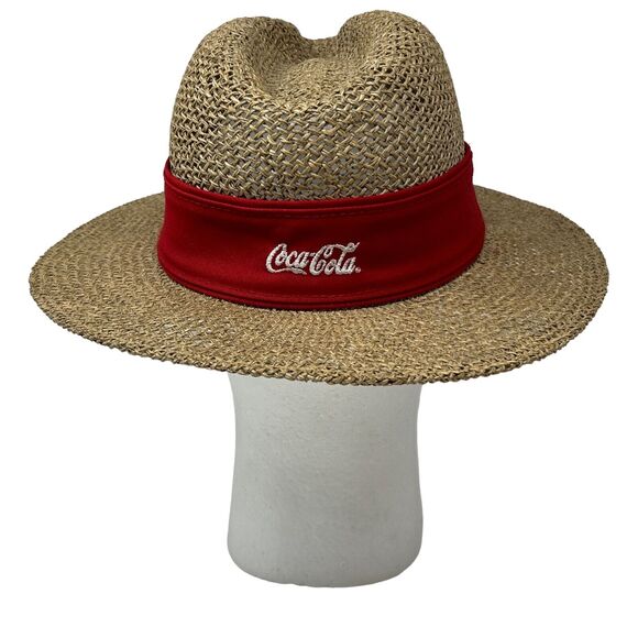 Vintage 90s Coca Cola Straw Panama Hat Cowboy Western Coke Soda Pop Logo Beige - Picture 3 of 9